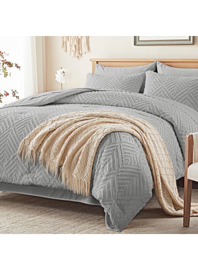 Zzlpp Queen Comforter Set 7 Pieces, Light Grey Tufted Bed in a Bag with Comforter and Sheets,All Season Boho Bedding Sets with Comforter, 2 Pillow Shams, 2 Pillowcases, 1 Flat Sheet, 1 Fitted Sheet - Image 2