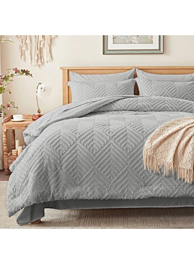 Zzlpp Queen Comforter Set 7 Pieces, Light Grey Tufted Bed in a Bag with Comforter and Sheets,All Season Boho Bedding Sets with Comforter, 2 Pillow Shams, 2 Pillowcases, 1 Flat Sheet, 1 Fitted Sheet - Image 1