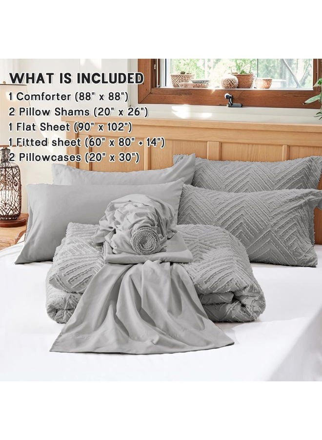 Zzlpp Queen Comforter Set 7 Pieces, Light Grey Tufted Bed in a Bag with Comforter and Sheets,All Season Boho Bedding Sets with Comforter, 2 Pillow Shams, 2 Pillowcases, 1 Flat Sheet, 1 Fitted Sheet - Image 5