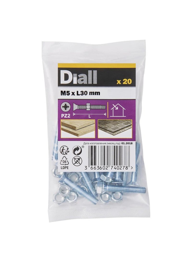 Zinc Plated Carbon Steel Machine Screw And Nut Pack M5 X 30 Mm 20 Piece