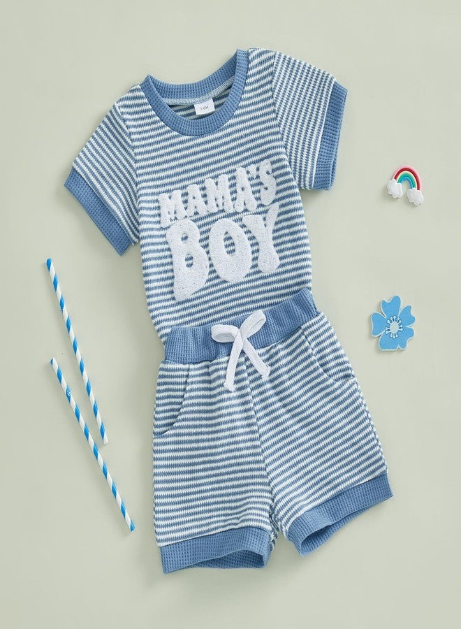 Douhoow Baby Boy Summer Outfits Short Sleeve Mamas Boy Embroidery Baby Striped Romper Shorts Set Infant Festival Clothes (Blue, 3-6 Months) - Image 3