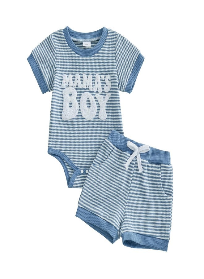 Douhoow Baby Boy Summer Outfits Short Sleeve Mamas Boy Embroidery Baby Striped Romper Shorts Set Infant Festival Clothes (Blue, 3-6 Months) - Image 1