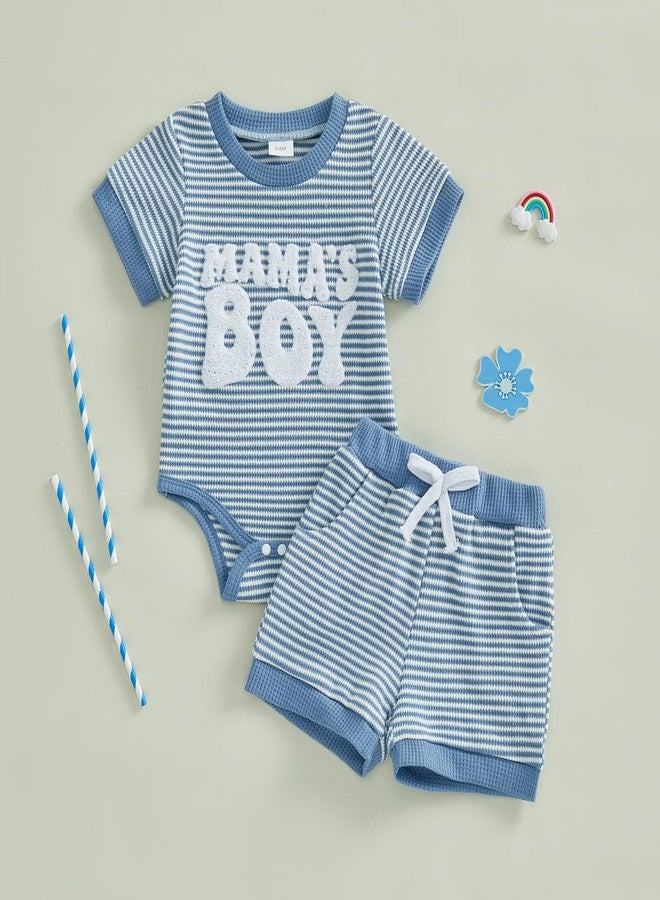 Douhoow Baby Boy Summer Outfits Short Sleeve Mamas Boy Embroidery Baby Striped Romper Shorts Set Infant Festival Clothes (Blue, 3-6 Months) - Image 2