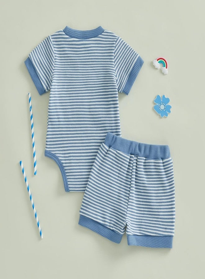 Douhoow Baby Boy Summer Outfits Short Sleeve Mamas Boy Embroidery Baby Striped Romper Shorts Set Infant Festival Clothes (Blue, 3-6 Months) - Image 4