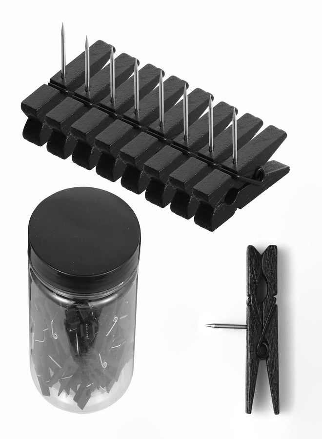 ZYFOFFICE ‌ZYFOFFICE 100-Pack Black Push Pins with Spring-Loaded Wooden Clips, Damage-Free Cork Board Tacks for Artwork, Photos & Notes (No-Mark Design) - Image 1