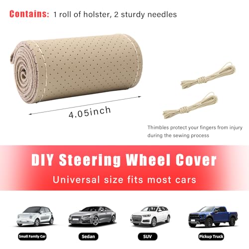 Augeny Genuine Leather Steering Wheel Cover, Breathable Anti-Slip Car Steering Wheel Protector Stitch on Wrap for Max Diameter 15 Inch, DIY Sewing with Needle Thread (Full Hole, Beige) - Image 2