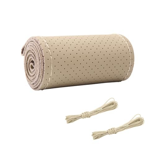 Augeny Genuine Leather Steering Wheel Cover, Breathable Anti-Slip Car Steering Wheel Protector Stitch on Wrap for Max Diameter 15 Inch, DIY Sewing with Needle Thread (Full Hole, Beige) - Image 1