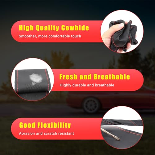 Augeny Genuine Leather Steering Wheel Cover, Breathable Anti-Slip Car Steering Wheel Protector Stitch on Wrap for Max Diameter 15 Inch, DIY Sewing with Needle Thread (Full Hole, Beige) - Image 3