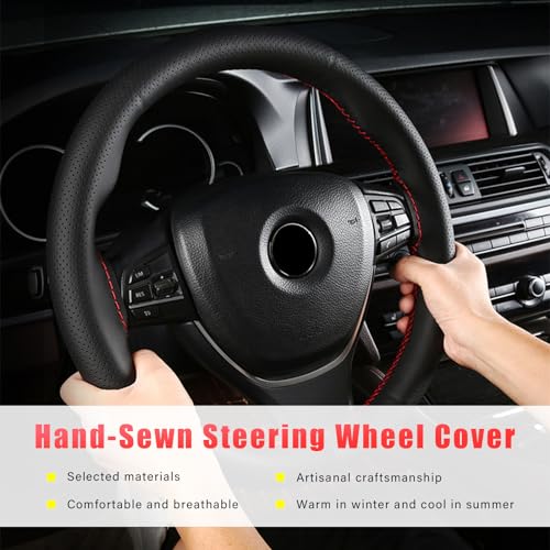 Augeny Genuine Leather Steering Wheel Cover, Breathable Anti-Slip Car Steering Wheel Protector Stitch on Wrap for Max Diameter 15 Inch, DIY Sewing with Needle Thread (Full Hole, Beige) - Image 4