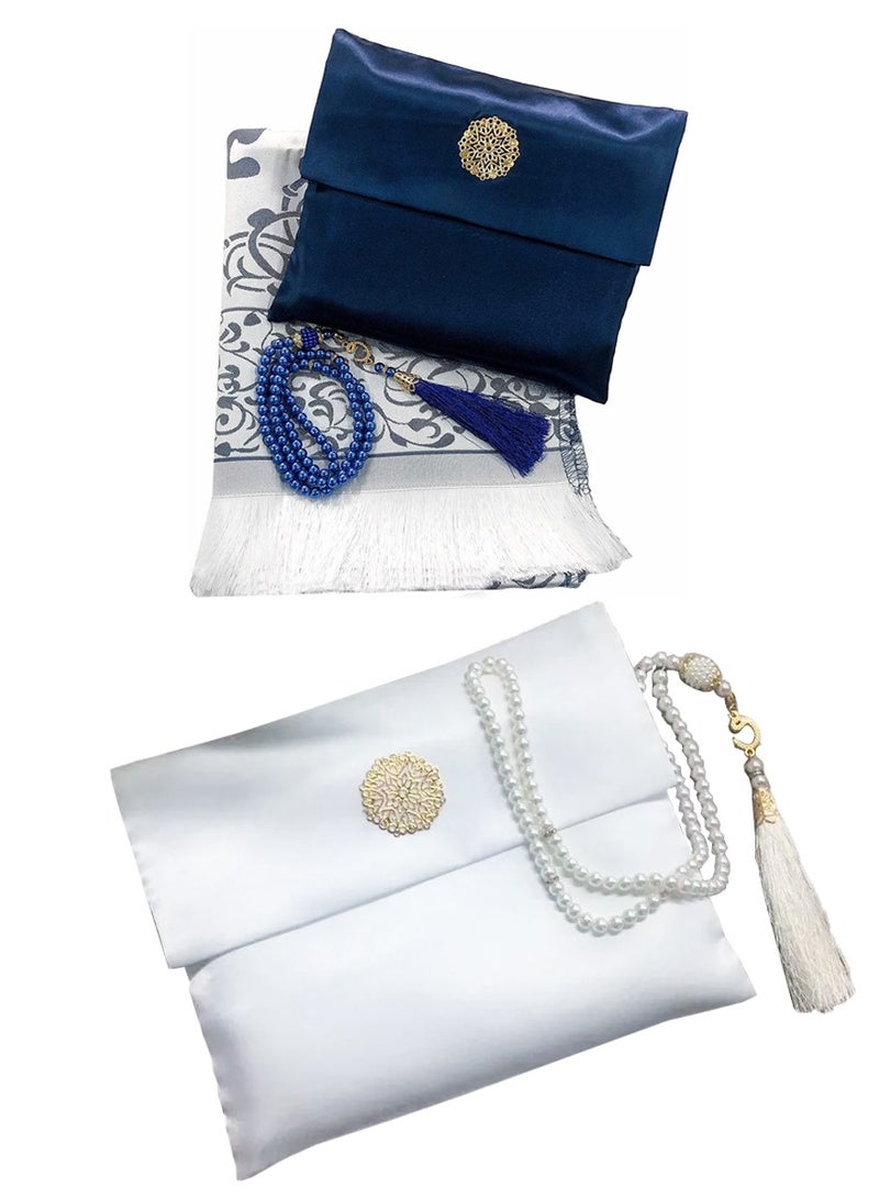 ISHWAZ 2 Sets Of High Quality Prayer Mat, Each Set Contains High Quality Prayer Rug And Decorative Rosary With Beautifull Pouch, Ideal for Home,Travelling, At Work, Ramadan, Eid, Best Gift Idea  - Image 1