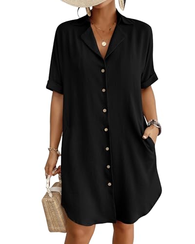 Bsubseach Button Down Beach Cover Ups for Women Bikini Swimsuit Coverup Shirt Dress Casual Vacation Outfits Black XXL - Image 1