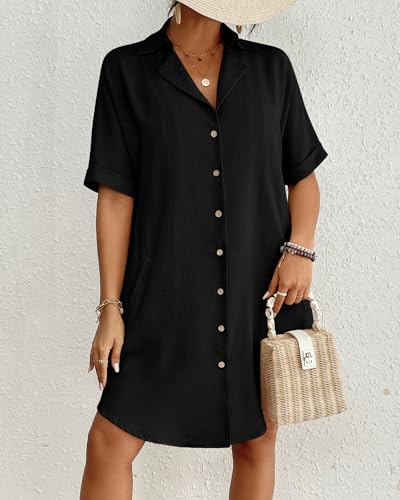 Bsubseach Button Down Beach Cover Ups for Women Bikini Swimsuit Coverup Shirt Dress Casual Vacation Outfits Black XXL - Image 2