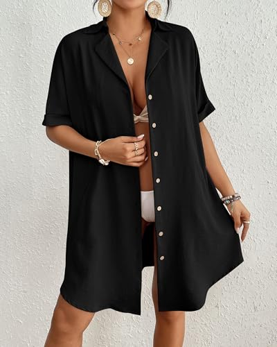 Bsubseach Button Down Beach Cover Ups for Women Bikini Swimsuit Coverup Shirt Dress Casual Vacation Outfits Black XXL - Image 3