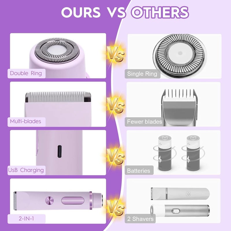 2025 Bikini Trimmer for Women, Cordless& Painless& Waterproof Dual Head Shaver for Women Private Area& Face& Body, 2-in-1 Electric Razors, Bikini Shaver, Hair Trimmer with LCD (Normal-Purple) - Image 3