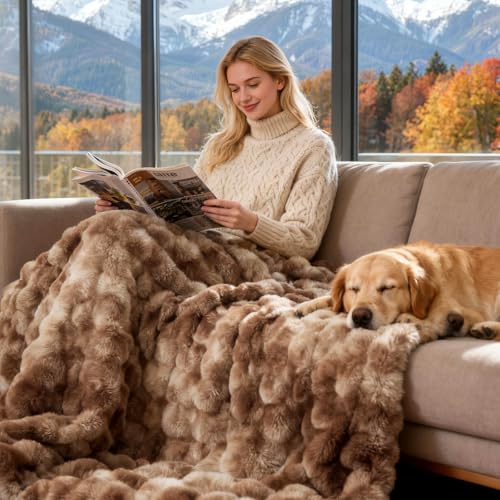 Fruaros Luxury 1000GSM Faux Rabbit Fur Throw Blanket, Tie-Dye Brown, Ultra Soft Plush 3D Bubble Design, Reversible Mink Brown Blanket for Couch, Sofa, Bed & Living Room, 50"x60", Gift for Women & Family - Image 1