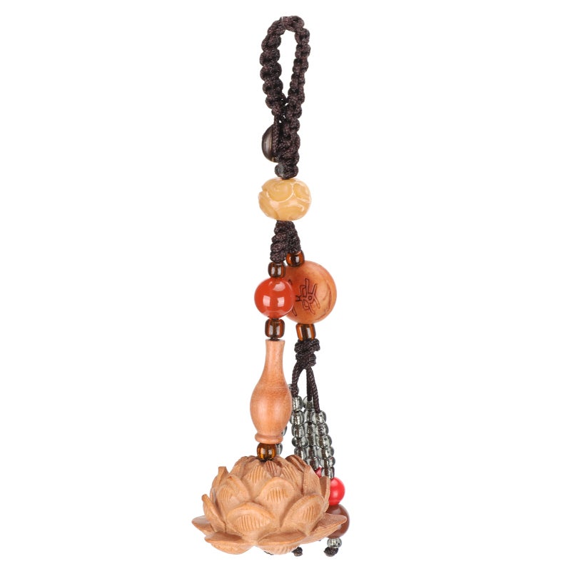 Handwoven Lotus Keychain Real Peach Wood Refined Carvings - Wooden Bag Charm Lucky Pendant for Home Decor - Image 1