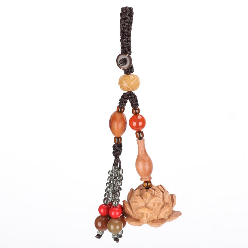 Handwoven Lotus Keychain Real Peach Wood Refined Carvings - Wooden Bag Charm Lucky Pendant for Home Decor - Image 4