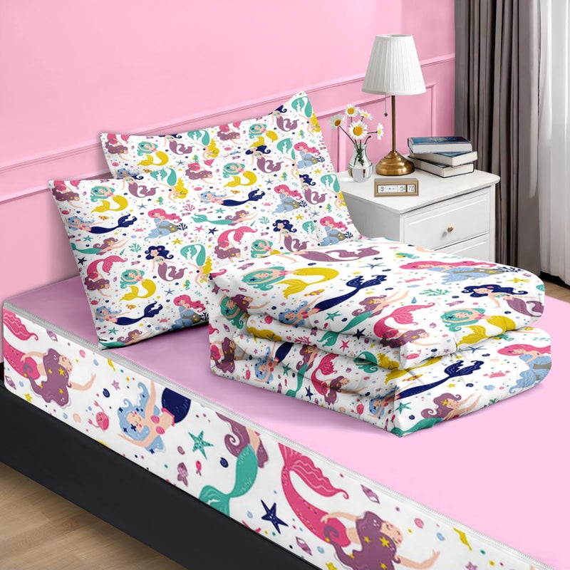 Nesker Zipper Bedding Twin Colorful Mermaid Princess Zip Up Bedding Set for Girls and Kids, Cartoon Sea Animals 3 Pcs Comforter Bed in a Bag with Fitted Sheet and 2 Pcs Pillowcases - Image 2