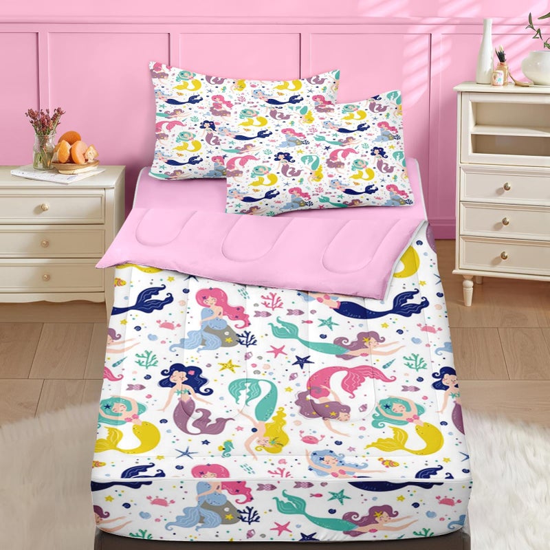 Nesker Zipper Bedding Twin Colorful Mermaid Princess Zip Up Bedding Set for Girls and Kids, Cartoon Sea Animals 3 Pcs Comforter Bed in a Bag with Fitted Sheet and 2 Pcs Pillowcases - Image 1