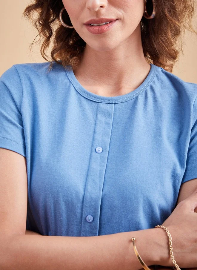 MINT STREET Blue Henley Neck Cotton T-Shirt for Women