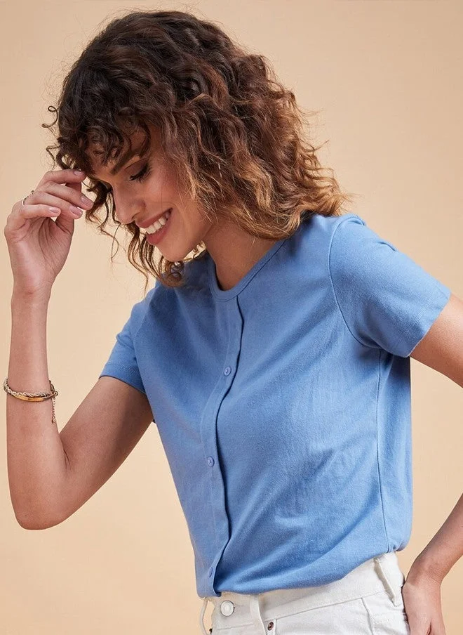 MINT STREET Blue Henley Neck Cotton T-Shirt for Women