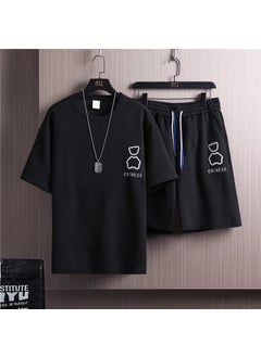 Mens Summer Ice Silk Breathable White T-Shirt Shorts Set DHK003 black set