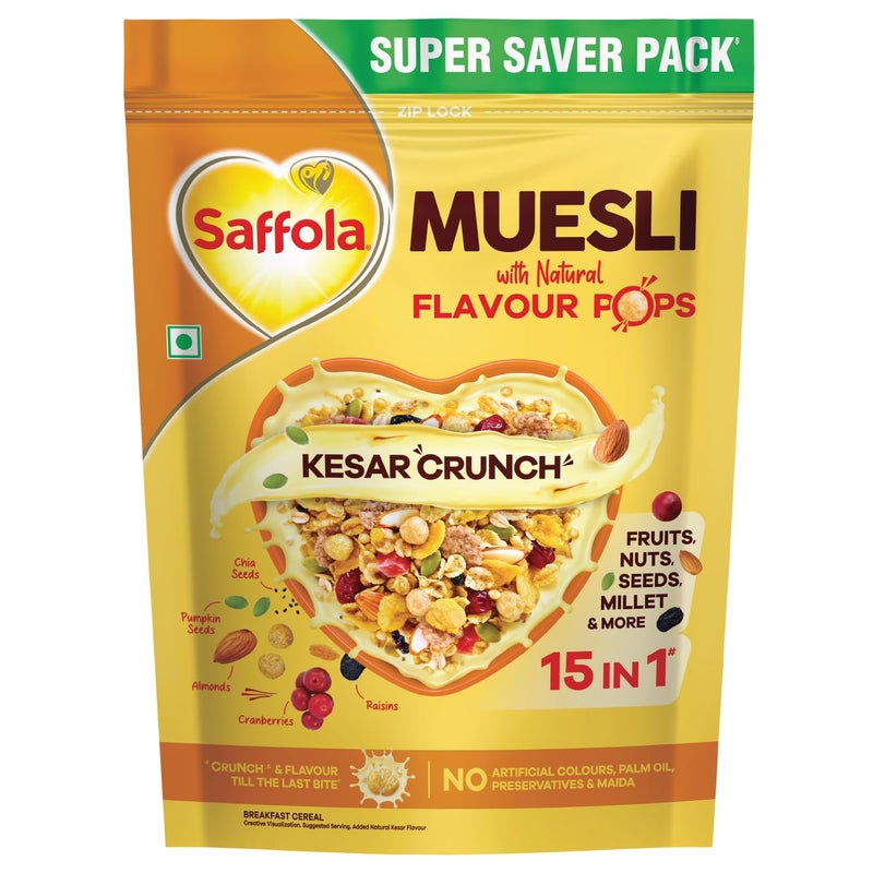 Saffola Muesli Kesar Crunch with Flavour Pops, 700 gm | 15 in 1 Fruit and Nuts, Seeds, Millet & more | Cereals for breakfast rich in wholegrain, protein, fibre - Image 1