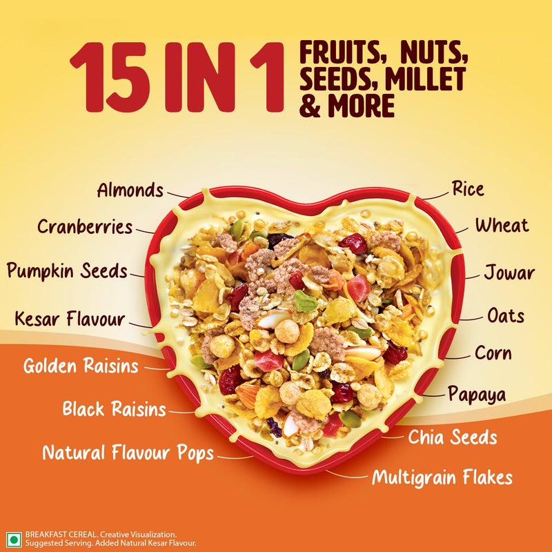 Saffola Muesli Kesar Crunch with Flavour Pops, 700 gm | 15 in 1 Fruit and Nuts, Seeds, Millet & more | Cereals for breakfast rich in wholegrain, protein, fibre - Image 4