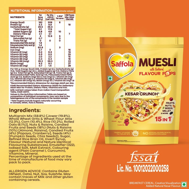 Saffola Muesli Kesar Crunch with Flavour Pops, 700 gm | 15 in 1 Fruit and Nuts, Seeds, Millet & more | Cereals for breakfast rich in wholegrain, protein, fibre - Image 2