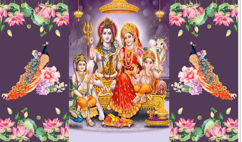Backdropon Lord Shiv Parivar Design Backdrop Cloth for Pooja Decoration Traditional/Background Curtain for Festival Fabric Size 5Feet Height and 8Feet Width(5 * 8) - Image 1