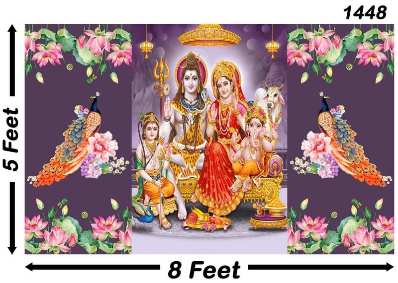 Backdropon Lord Shiv Parivar Design Backdrop Cloth for Pooja Decoration Traditional/Background Curtain for Festival Fabric Size 5Feet Height and 8Feet Width(5 * 8) - Image 3
