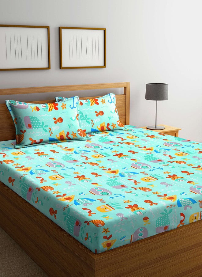 Arrabi Jaipuri Multicoloured Conversational Polycotton 300 TC King Fine Bedsheet with 2 Pillow Covers - Image 1
