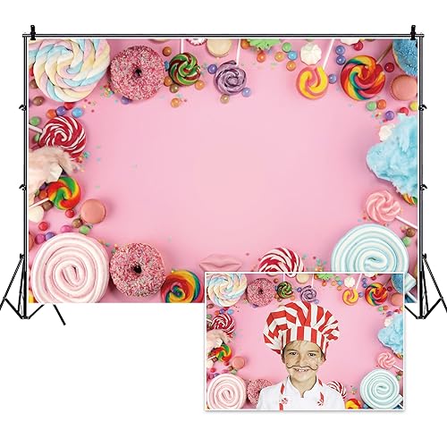 Dorcev Candy Kids Birthday Party Baby Shower Background Pink Wall Lollipop Candy Doughnut Cake Table Banner Photo Studio Props - Image 1