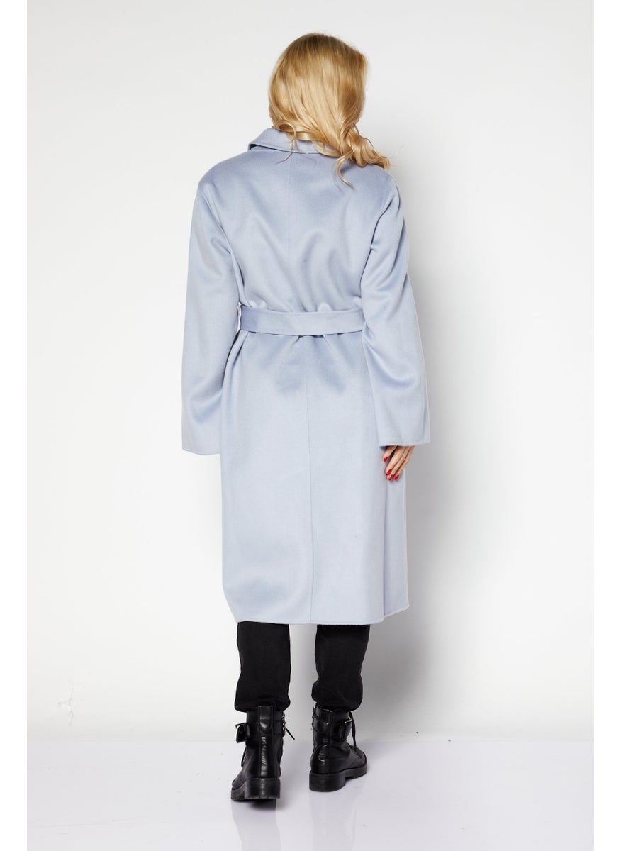 EMPORIO ARMANI - Women Lapel Collar Long Sleeve Knitted Trench Coat, Pale Blue - Image 1
