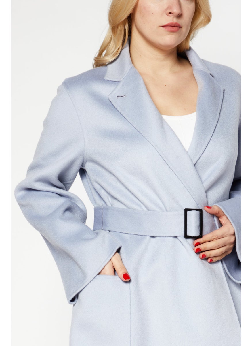 EMPORIO ARMANI - Women Lapel Collar Long Sleeve Knitted Trench Coat, Pale Blue - Image 1