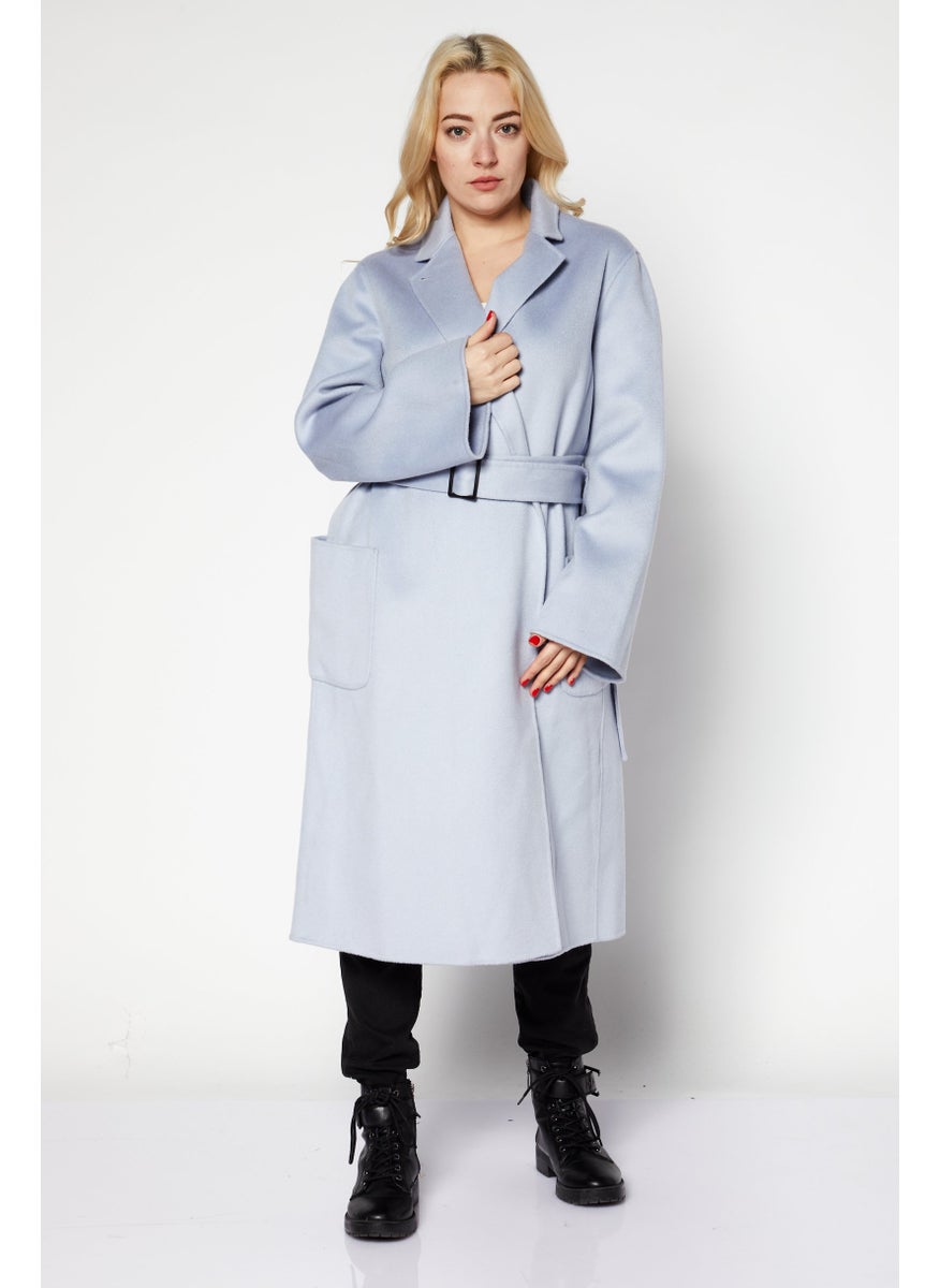 EMPORIO ARMANI - Women Lapel Collar Long Sleeve Knitted Trench Coat, Pale Blue - Image 1