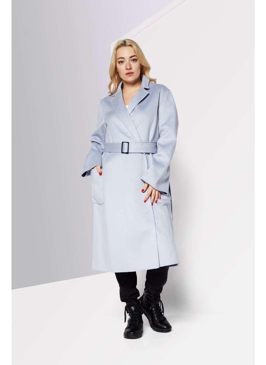EMPORIO ARMANI - Women Lapel Collar Long Sleeve Knitted Trench Coat, Pale Blue - Image 1