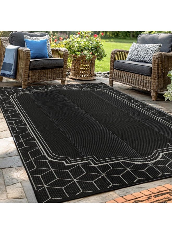 Wikiwiki Outdoor Rug, 8x10ft Waterproof Reversible Mat Indoor Outdoor Rugs Carpet, Small Area Rug Plastic Straw Rug for Patio Deck Balcony Pool RV Camping Beach Picnic, Black, Rugscape Series - Image 1