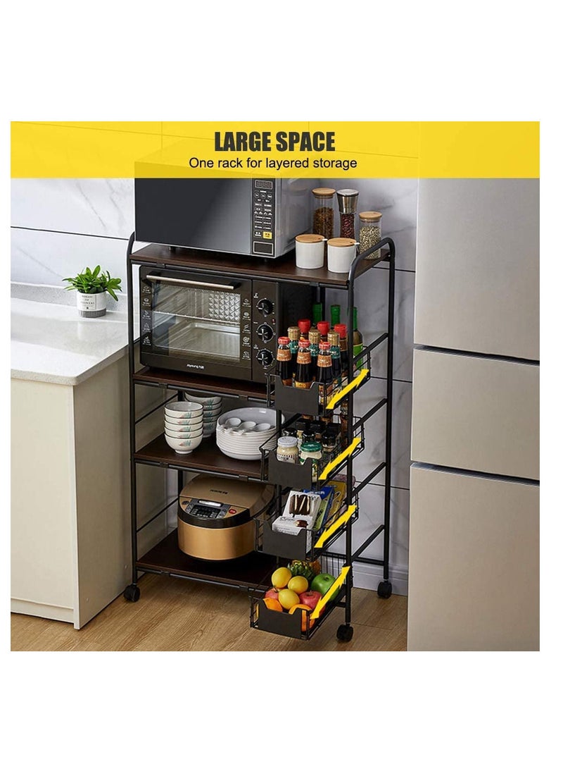 ياميم رف مطبخ عربة مطبخ تخزين متعدد الطبقات مع سلال شبكية منزلقة بعجلات عربة منزلية متعددة الوظائف رف أدوات عتيق لأواني التوابل والميكروويف (3-TIER) - Image 2