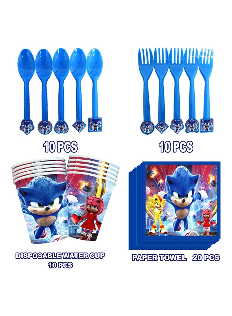 Sonic Birthday Party Decorations Sonic Party Supplies For Birthday Theme Party Decoration Set Table cover Plates Paper cups Straws Spoon Fork Napkin for Birthday Party Favors.