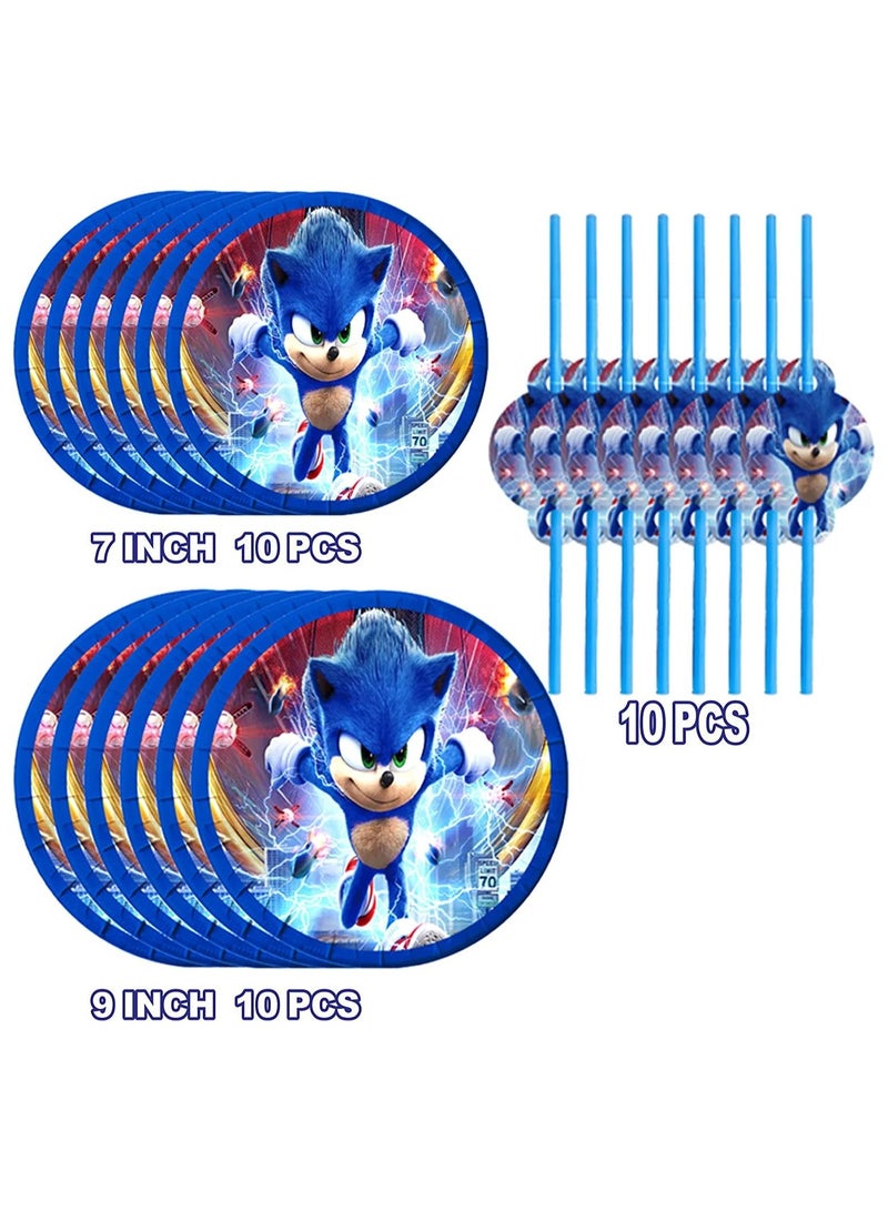 Sonic Birthday Party Decorations Sonic Party Supplies For Birthday Theme Party Decoration Set Table cover Plates Paper cups Straws Spoon Fork Napkin for Birthday Party Favors.