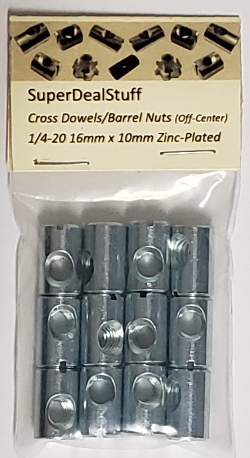 SuperDealStuff (12) Cross Dowels/Barrel Nuts - 1/4-20 16mm X 10mm Zinc-Plated Off-Centered CNC - Image 3