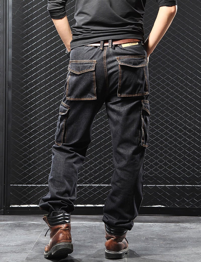 Yeokou Men's Casual Loose Hip Hop Denim Work Pants Jeans with Cargo Pockets(Black-30) - Image 3