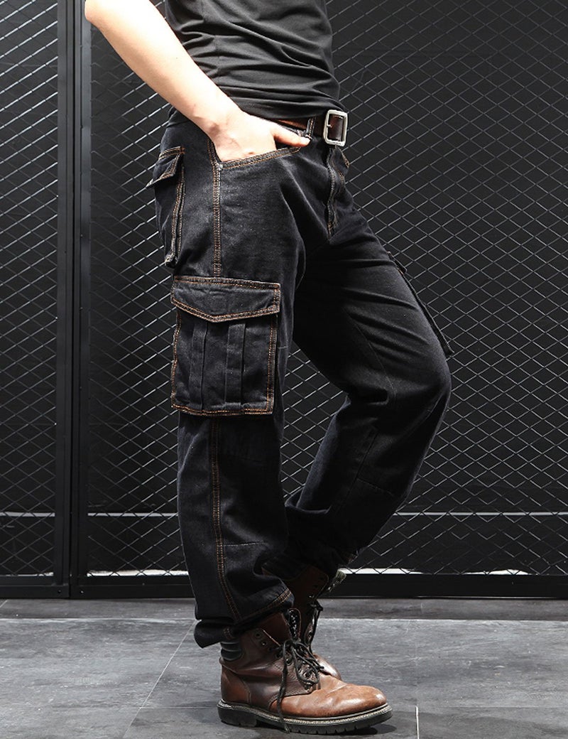 Yeokou Men's Casual Loose Hip Hop Denim Work Pants Jeans with Cargo Pockets(Black-30) - Image 2