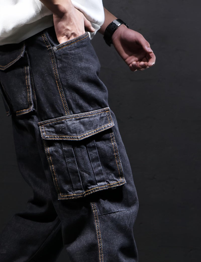 Yeokou Men's Casual Loose Hip Hop Denim Work Pants Jeans with Cargo Pockets(Black-30) - Image 5