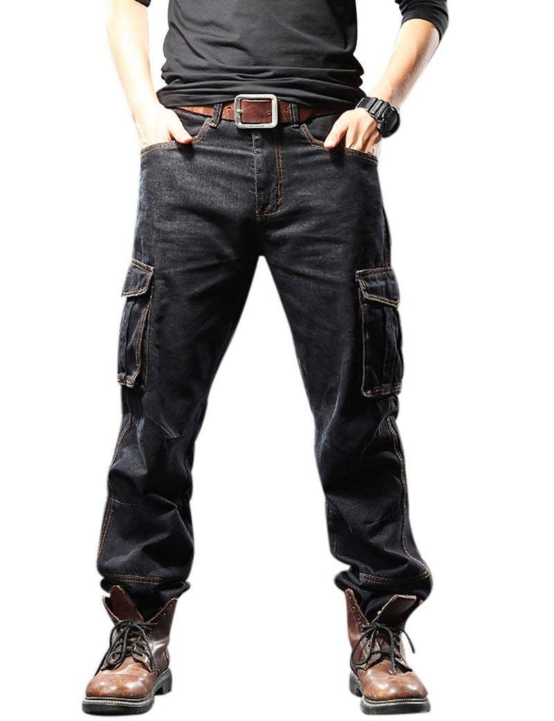 Yeokou Men's Casual Loose Hip Hop Denim Work Pants Jeans with Cargo Pockets(Black-30) - Image 1