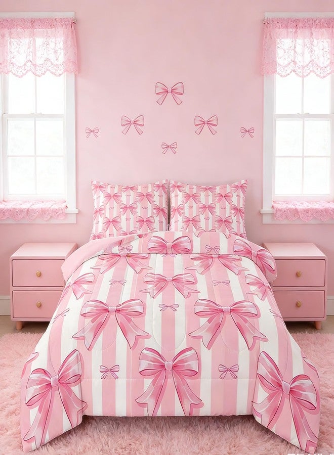 Feelyou Pink Bowknot Comforter Set,Dreamy Princess Bowknot Bedding Set Queen Size,Girls Bedroom Room Decor,Cute Bow Girly Comforter,Kawaii Geometric Bow-tie Bed Set for All Season - Image 2