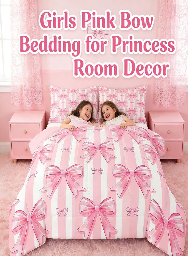 Feelyou Pink Bowknot Comforter Set,Dreamy Princess Bowknot Bedding Set Queen Size,Girls Bedroom Room Decor,Cute Bow Girly Comforter,Kawaii Geometric Bow-tie Bed Set for All Season - Image 3