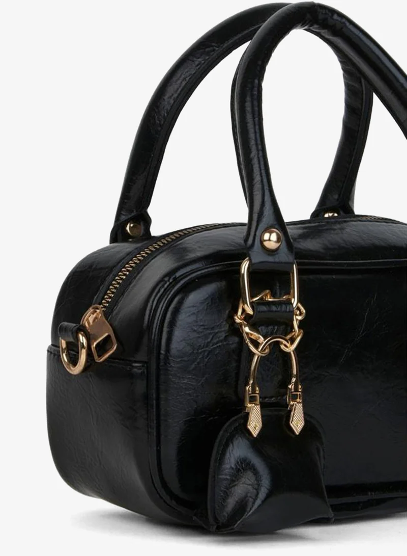 Women's Tulip Black Bag with Charm Detail, Vinyl Leather, Zipper Closure, Hand, Arm and Shoulder Bag.