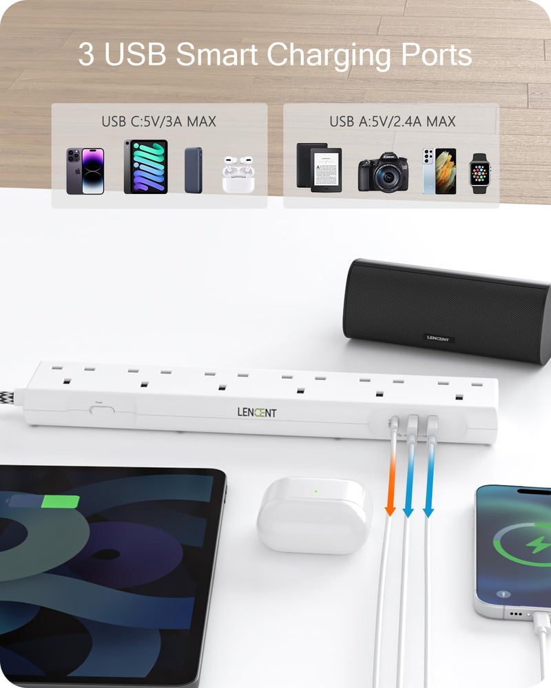 لينسينت سلك تمديد مع منفذ USB-C، 3250 واط 13 أمبير، مقبس طاقة بستة منافذ مع منفذ USB-C واحد ومنفذي USB، سلك تمديد متعدد الطاقة مع كابل مضفر بطول 1.8 متر للمكتب المنزلي، أ��يض - Image 3